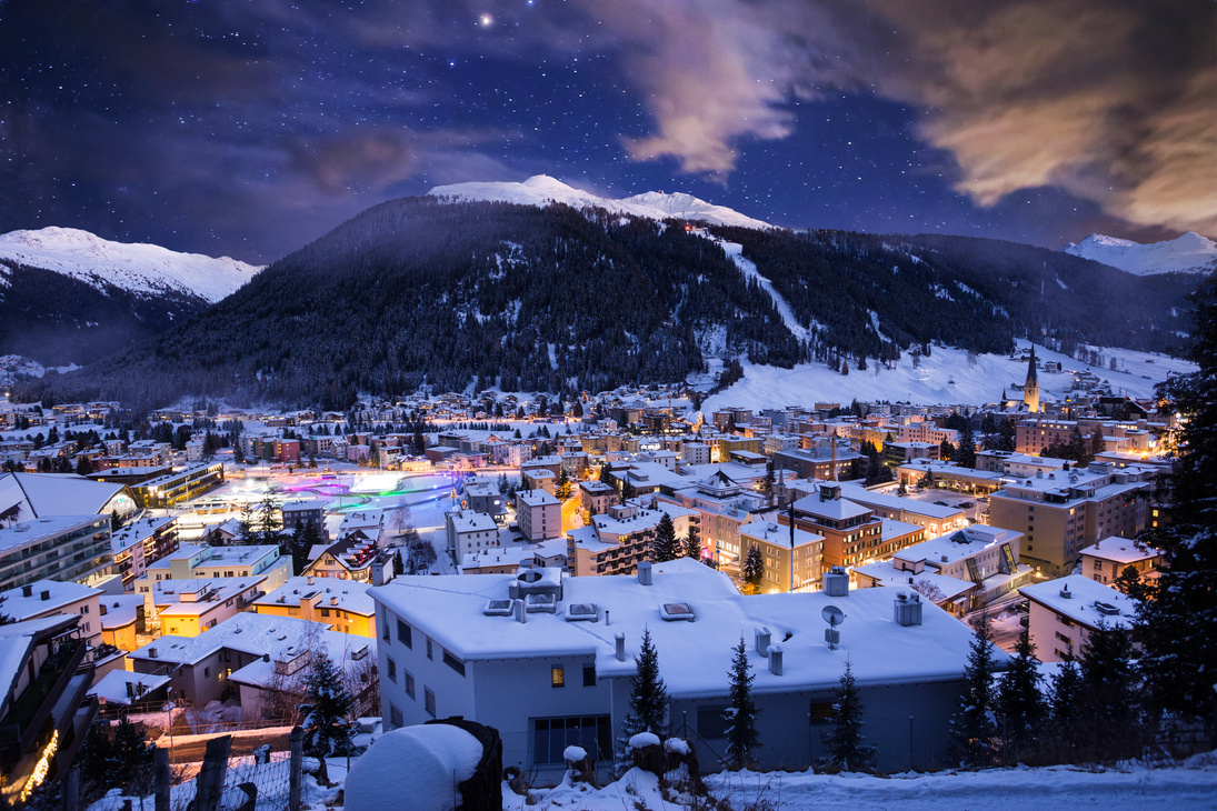 Davos city winter blue hour night scene. Davos, Switzerland